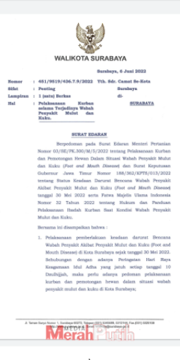 Berikut Surat Edaran Pedoman Pelaksanaan Kurban di Surabaya