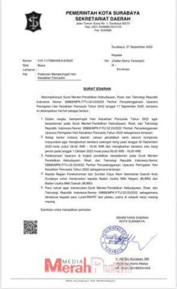 Berikut Ini Surat Edaran Pedoman Hari Kesaktian Pancasila 2022 di Surabaya