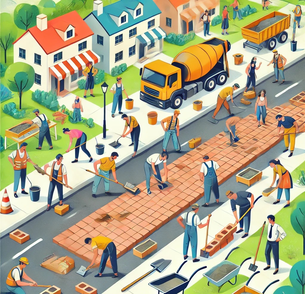 Ilustrasi proyek paving swakelola yang menunjukkan kerja sama yang dibutuhkan untuk memasang paving di jalan. Para pekerja terlihat sedang mengerjakan batu bata dengan alat seperti sekop dan sendok semen, dan beberapa orang mencampur semen. Selain itu, ad