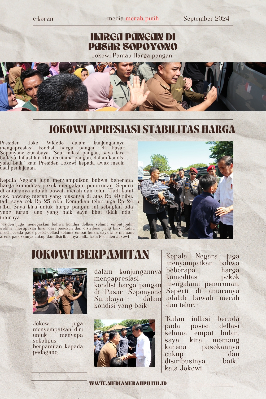  Jokowi apresiasi terhadap kondisi harga pangan yang stabil di pasar Sopoyono saat melakukan pengecekan Jumat (6/9) I MMP I Grafis Antonius Andhika