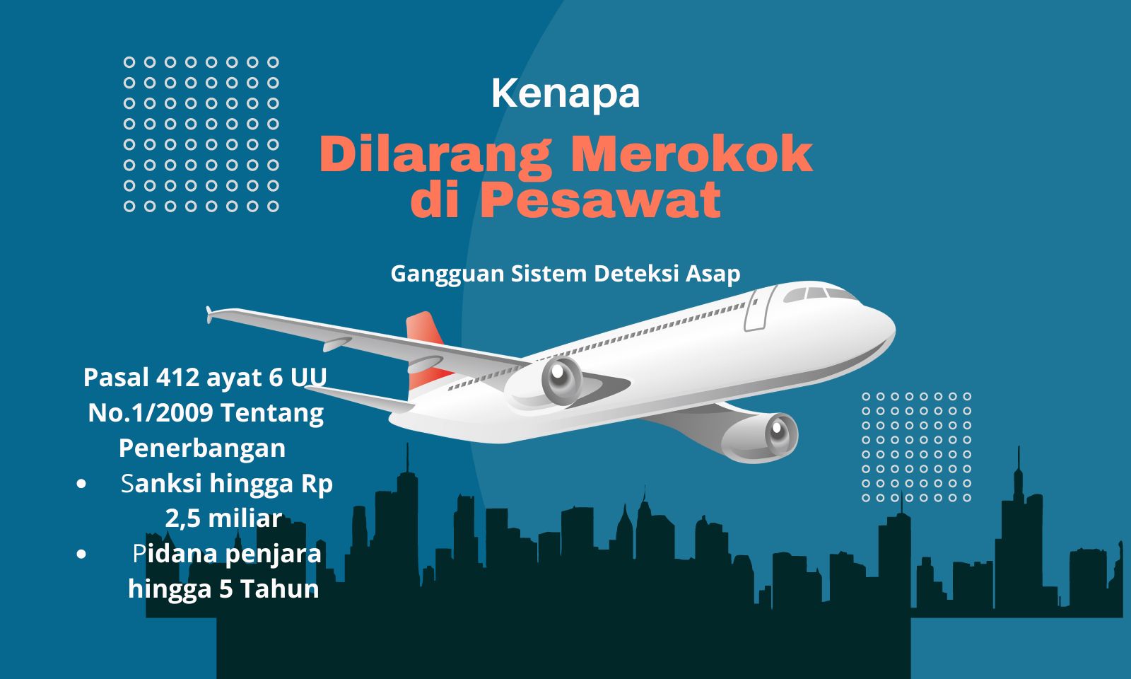 Larangan merokok di pesawat terdapat pada Pasal 412 ayat 6 Undang-Undang Penerbangan Nomor 1 Tahun 2009, yang mencakup: •	Denda maksimal hingga Rp 2,5 miliar •	Pidana penjara hingga 5 tahun I MMP I Antonius Andhika 