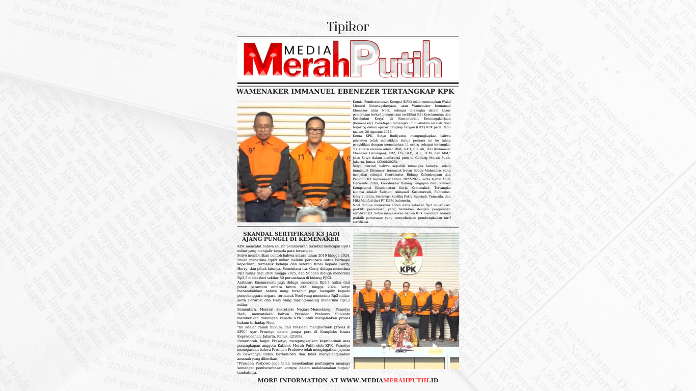 Dalam kasus ini, Immanuel Ebenezer diduga menerima aliran dana sebesar Rp3 miliar dari praktik pemerasan yang berkaitan dengan pengurusan sertifikat K3. KPK menduga adanya praktik pemerasan yang menyebabkan pembengkakan tarif sertifikasi I MMP I Grafis I 