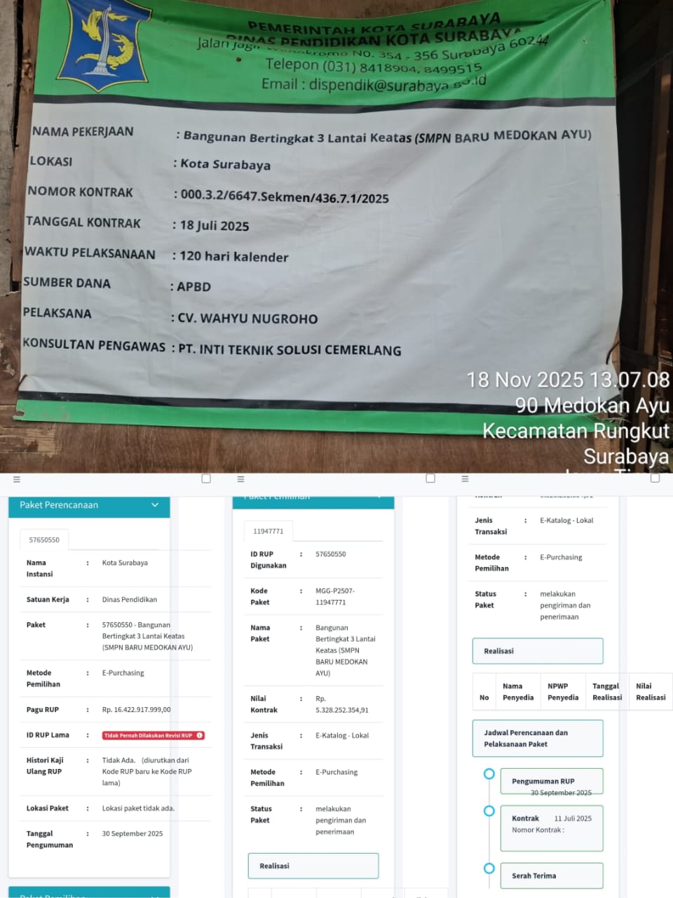 Data paket pekerjaan pembangunan bangunan bertingkat tiga lantai SMPN Baru Medokan Ayu yang bersumber dari laman resmi LPSE dan SIRUP LKPP keduanya bersifat publik diduga menunjukkan adanya anomali administrasi. Selain itu, papan nama proyek di lokasi jug