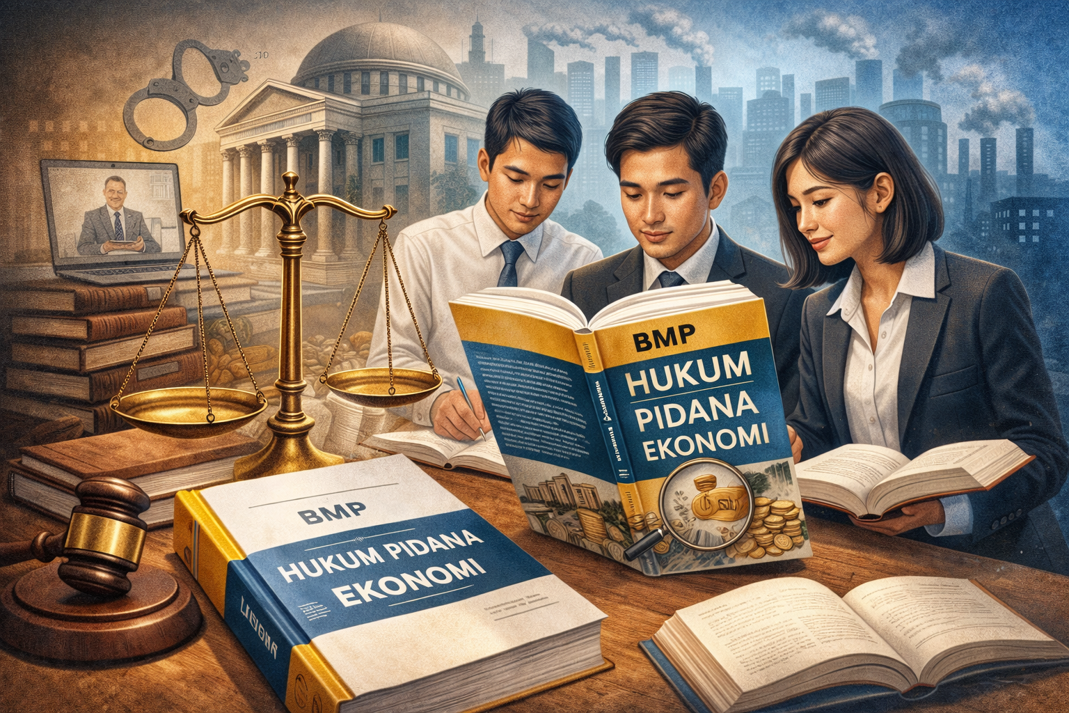 Ilustrasi diskusi mahasiswa ilmu hukum pada mata kuliah hukum pidana ekonomi (HPE) | ilustrasi AI