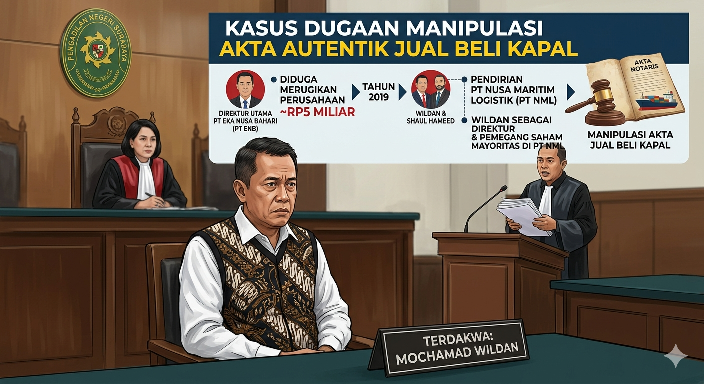 Direktur Utama PT Eka Nusa Bahari (PT ENB), Mochamad Wildan kasus dugaan manipulasi akta autentik terkait transaksi jual beli kapal yang merugikan perusahaan sekitar Rp5 miliar | MMP | Ilustrasi | AI