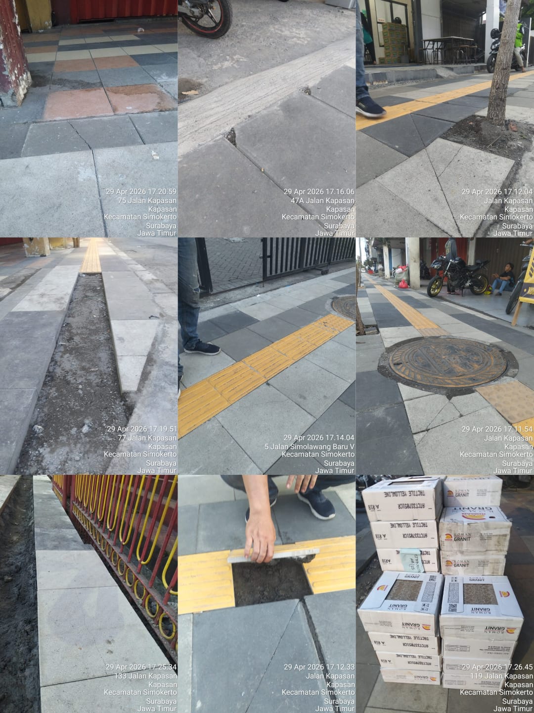 Sejumlah titik pada proyek pembangunan pedestrian di Jalan Kapasan sisi selatan Surabaya dinilai belum selesai dengan sempurna. Warga setempat menyoroti beberapa masalah terkait kualitas pengerjaan, antara lain permukaan yang tidak rata, adanya lubang pad